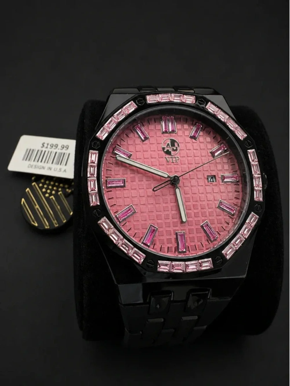 #527 AJ VIP Black & Pink Crystal Watch – 43 mm – Brand New